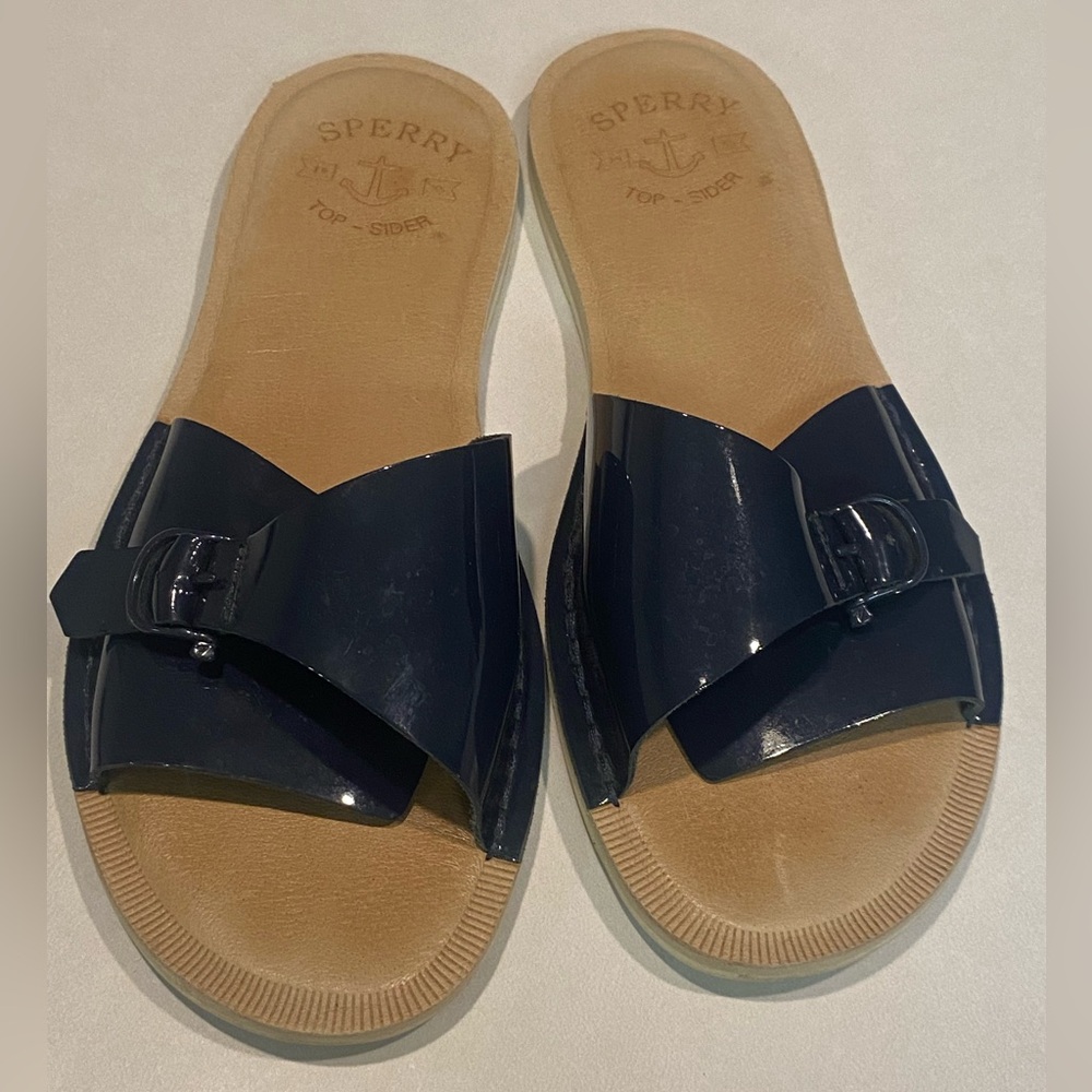 SPERRY TOP SIDER SEAPORT SLIDE SANDAL DARK BLUE PATENT LEATHER WOMENS SZ 10 - Picture 11 of 13